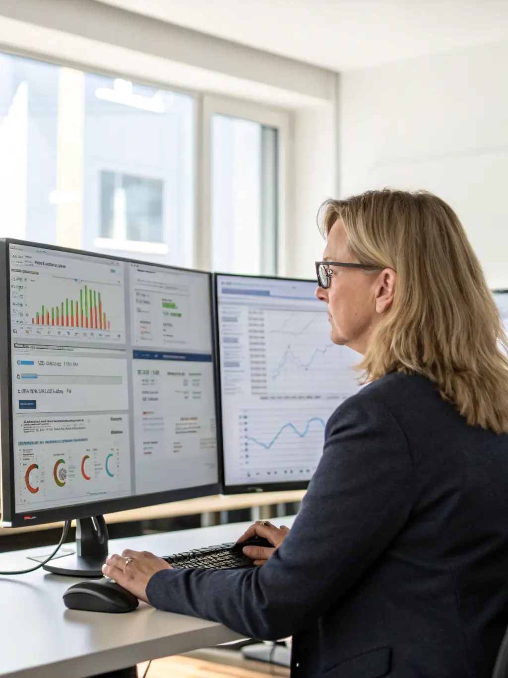 A business analyst working with ERP and CRM software interfaces, showcasing NSTA Technologies' ERP and CRM solutions.